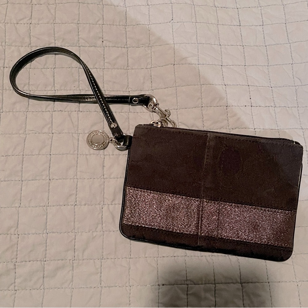 Coach black sparkle signature stripe wristlet